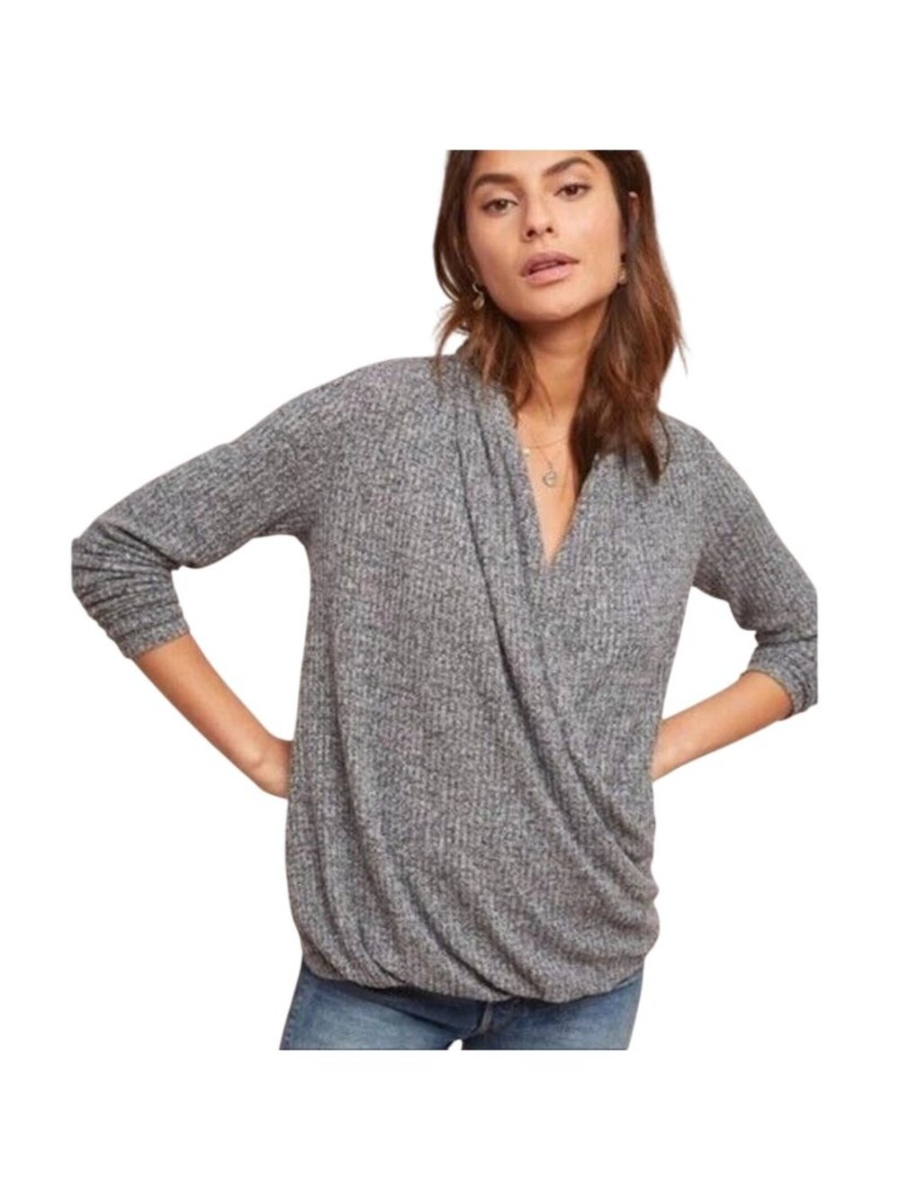 Anthropologie Akemi + Kin Marled Gray Woodruff Surplice Sweater Womens Medium